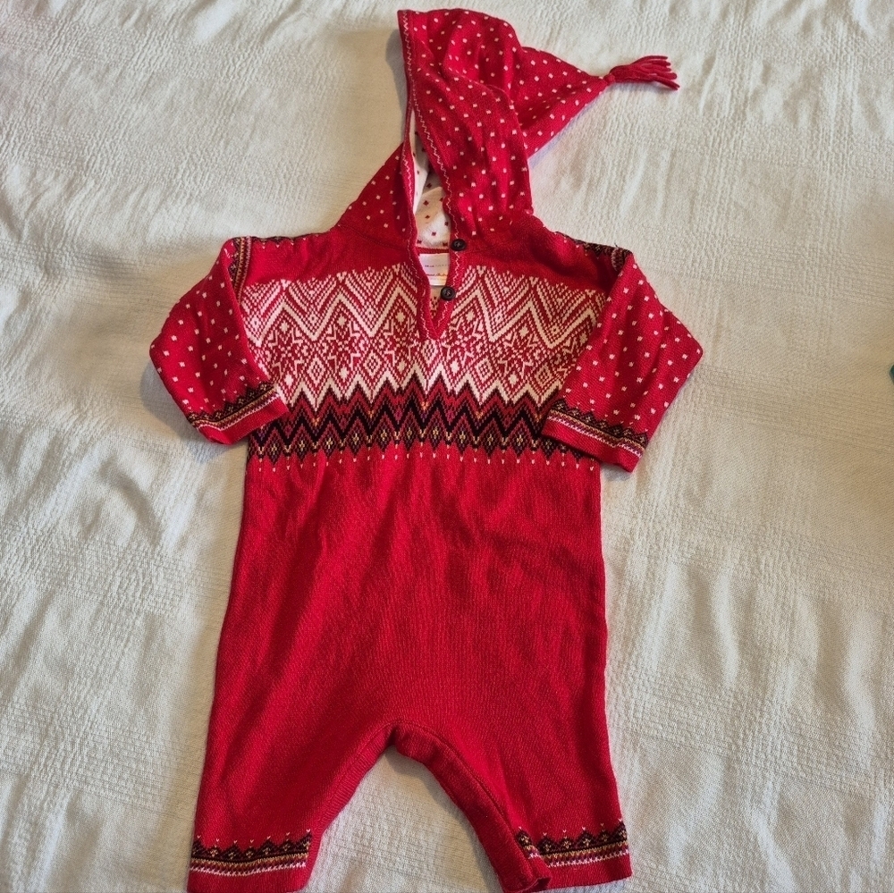Hanna Andersson girls or boys size 50 or 0-3 months knit hooded romper VGUC